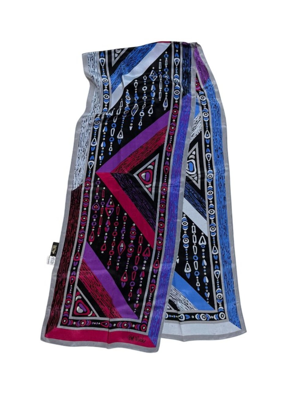 Vintage BOB MACKIE Rectangular Silk Scarf Purple Pink Blue Tones Hand Rolled